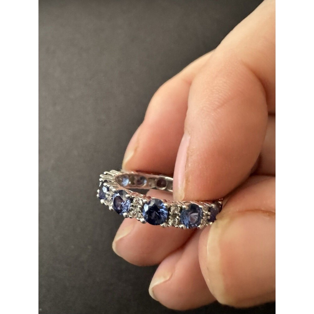 Suzy Levian Blue Sapphire White Sapphire Eternity Ring Sterling Silver 8.5